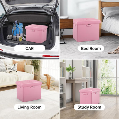 Storage Ottoman Foot Rest Stool with Lock ＆ Handles, Fireproof Folding Leather Footstool Bench with Storage Safe for Living Room Bedroom, Home Office, Dorm, 17x13x13in, Pink