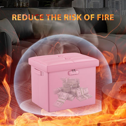 Storage Ottoman Foot Rest Stool with Lock ＆ Handles, Fireproof Folding Leather Footstool Bench with Storage Safe for Living Room Bedroom, Home Office, Dorm, 17x13x13in, Pink