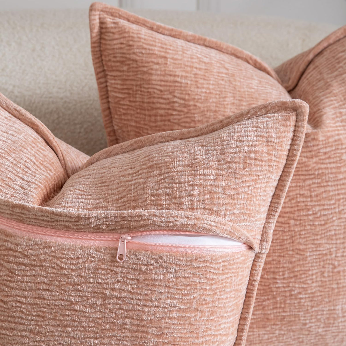 Pack of 2 Decorative Throw Pillow Covers Soft Chenille Throw Pillows Solid Textured Cushion Covers for Couch Sofa Bedroom Living Room 18x18 Inch, Peach