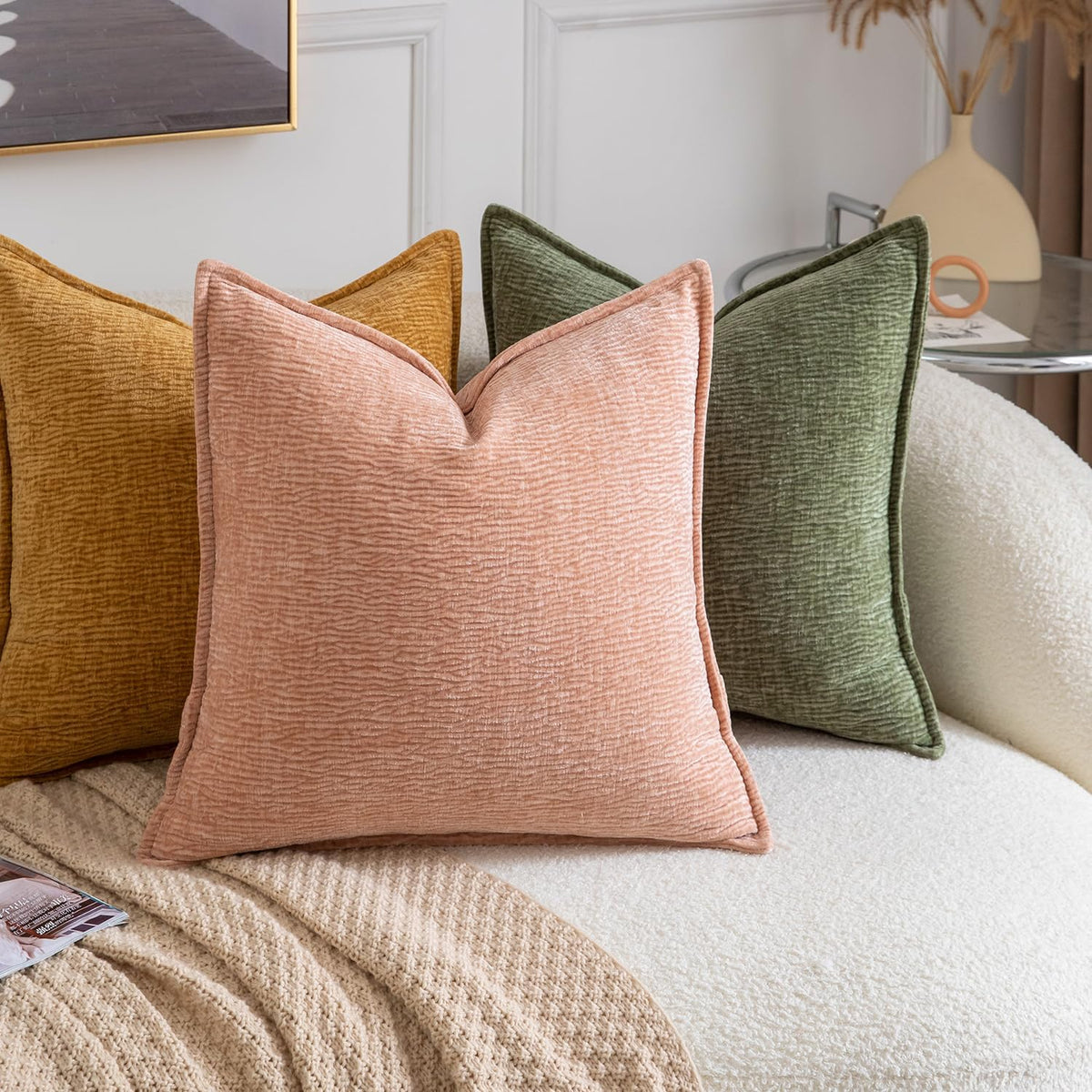 Pack of 2 Decorative Throw Pillow Covers Soft Chenille Throw Pillows Solid Textured Cushion Covers for Couch Sofa Bedroom Living Room 18x18 Inch, Peach