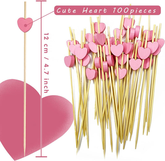 100 Pcs Cocktail Picks Skewers for Appetizers, 4.7" Pink Heart