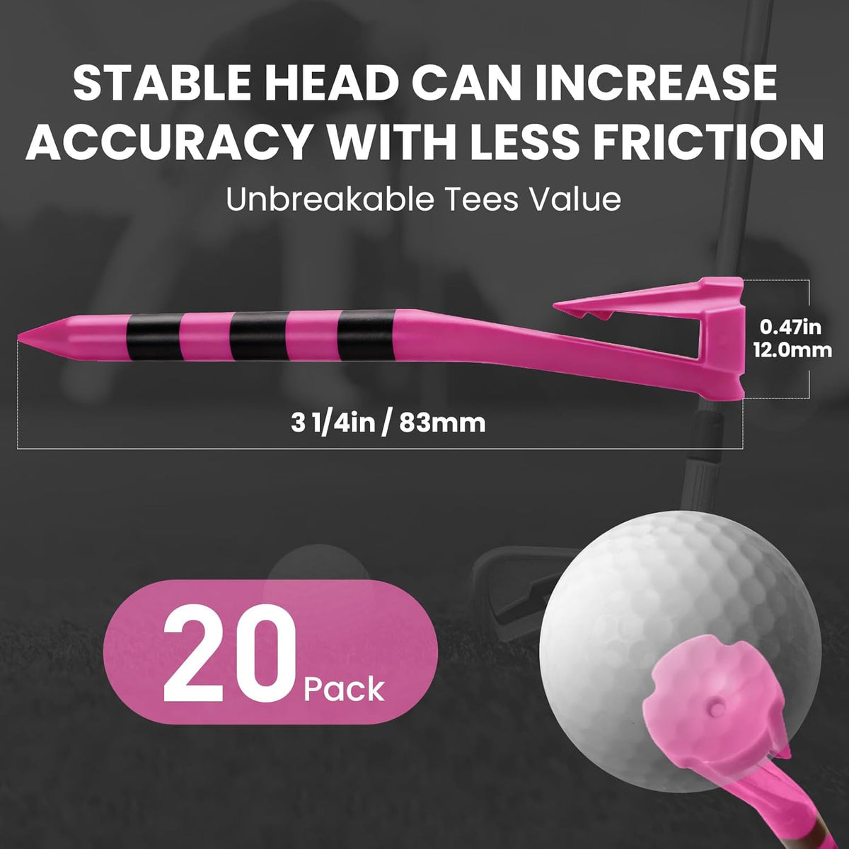 Golf Tees Plastic 3 1/4 Inch with Built-in Hat Clip 20 Pack, Unbreakable 4-Prong Striped Tees for Consistent Height, Bright Colors with Quick On-Course Access Design
