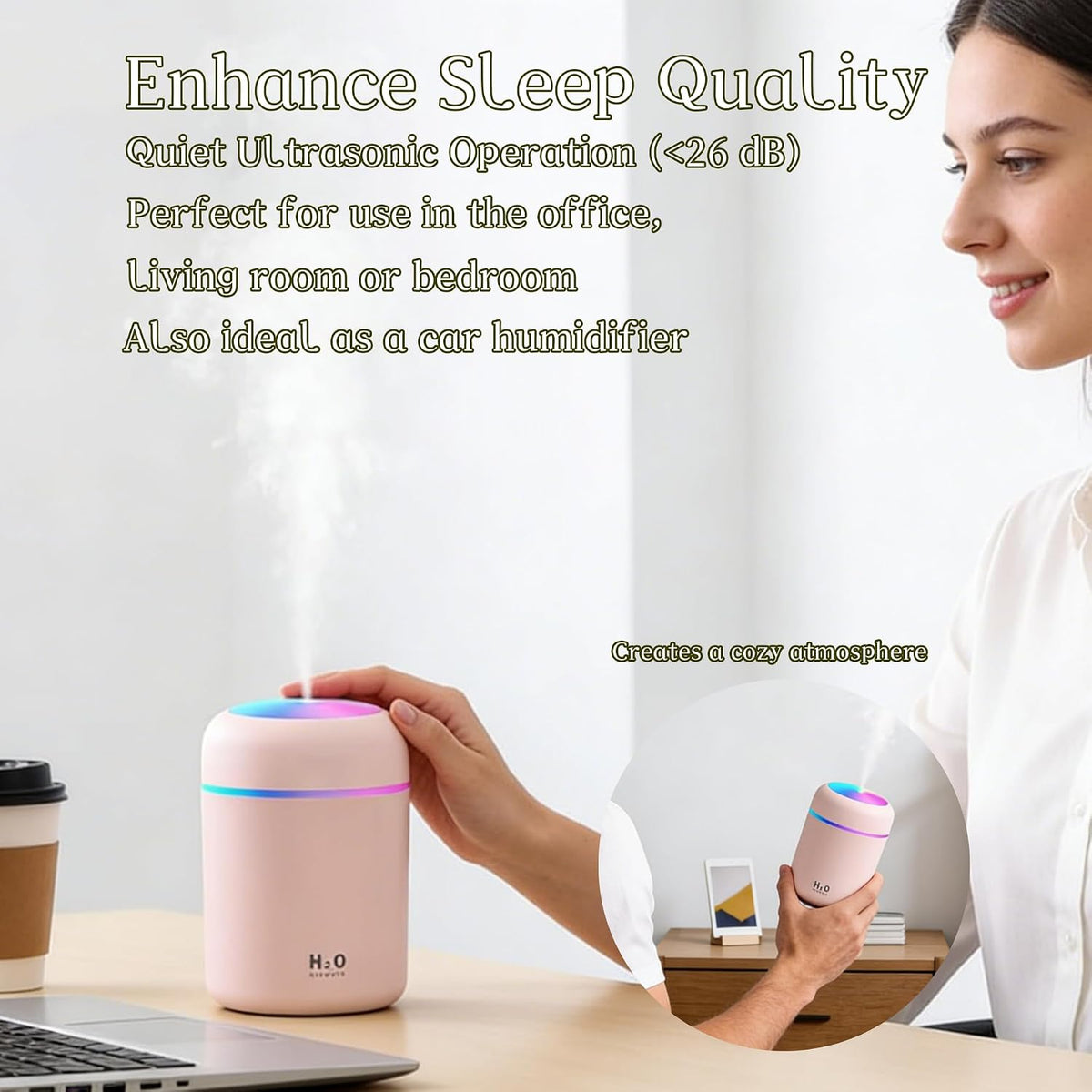 300ml USB Cool Mist Small Humidifier with Colorful Lights,Portable Mini Humidifier, Perfect for Bedroom, Office, Plants, travel & Car, Pink