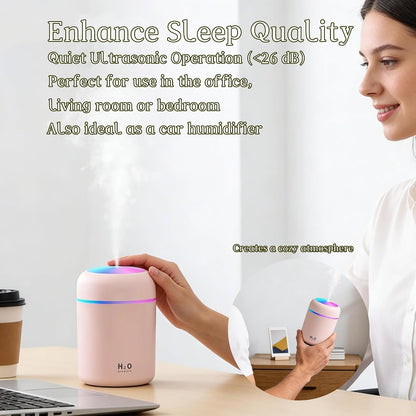 300ml USB Cool Mist Small Humidifier with Colorful Lights,Portable Mini Humidifier, Perfect for Bedroom, Office, Plants, travel & Car, Pink