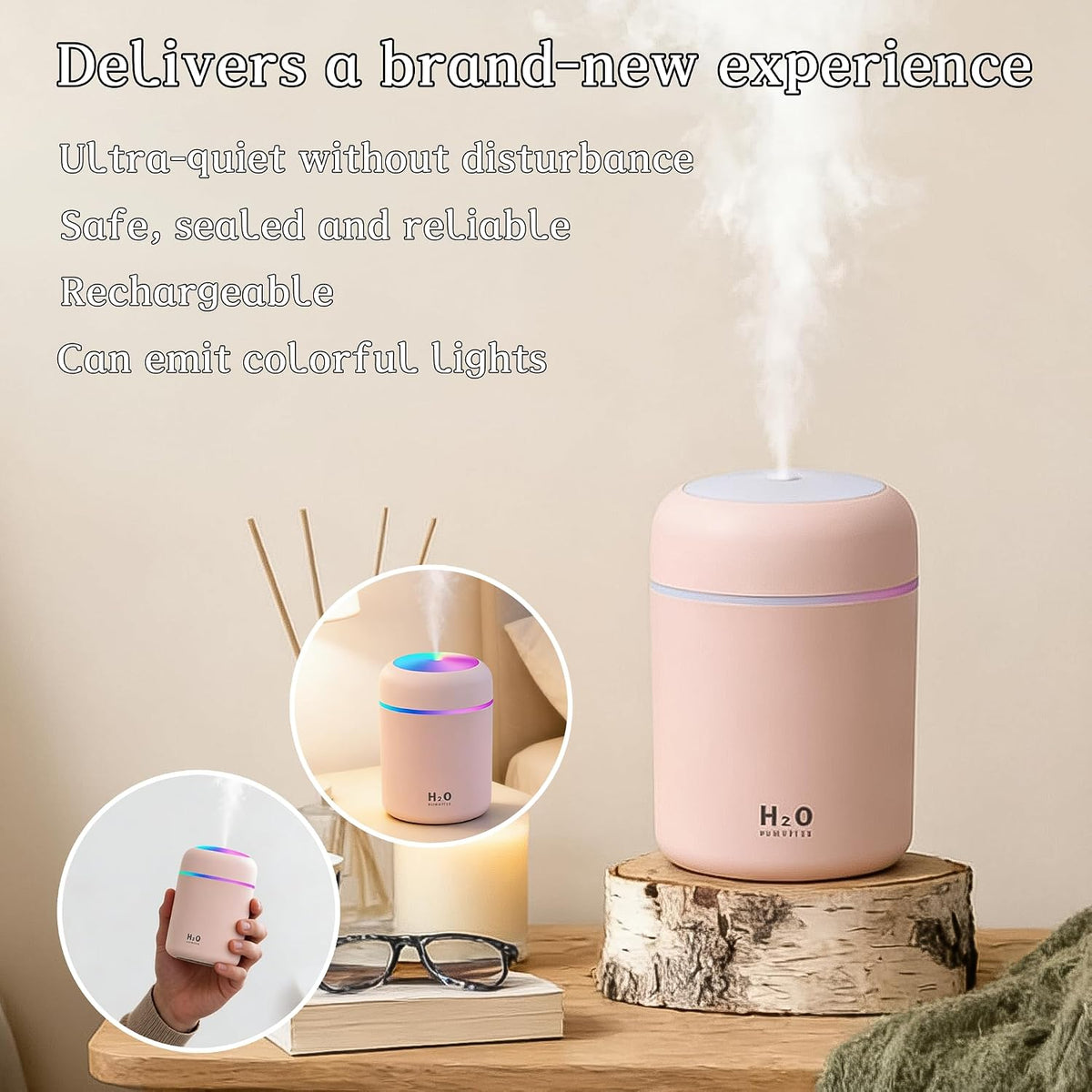 300ml USB Cool Mist Small Humidifier with Colorful Lights,Portable Mini Humidifier, Perfect for Bedroom, Office, Plants, travel & Car, Pink