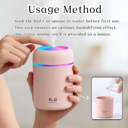 300ml USB Cool Mist Small Humidifier with Colorful Lights,Portable Mini Humidifier, Perfect for Bedroom, Office, Plants, travel & Car, Pink