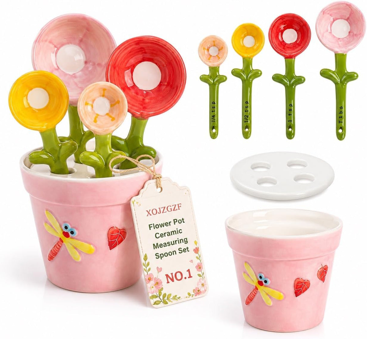 Flower Pot Ceramic Measuring Spoon Set, 5PCS Cute Spoons Cups with Base, Polygons Pink Decorative Teaspoon in Pot Holder, Unique Baking Supplies Gifts, Kitchen Cooking Stuff Gadgets Women(1*Pink)