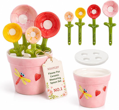 Flower Pot Ceramic Measuring Spoon Set, 5PCS Cute Spoons Cups with Base, Polygons Pink Decorative Teaspoon in Pot Holder, Unique Baking Supplies Gifts, Kitchen Cooking Stuff Gadgets Women(1*Pink)