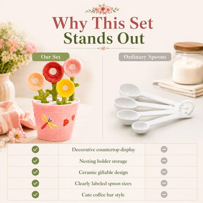Flower Pot Ceramic Measuring Spoon Set, 5PCS Cute Spoons Cups with Base, Polygons Pink Decorative Teaspoon in Pot Holder, Unique Baking Supplies Gifts, Kitchen Cooking Stuff Gadgets Women(1*Pink)