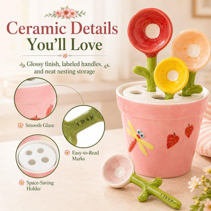 Flower Pot Ceramic Measuring Spoon Set, 5PCS Cute Spoons Cups with Base, Polygons Pink Decorative Teaspoon in Pot Holder, Unique Baking Supplies Gifts, Kitchen Cooking Stuff Gadgets Women(1*Pink)