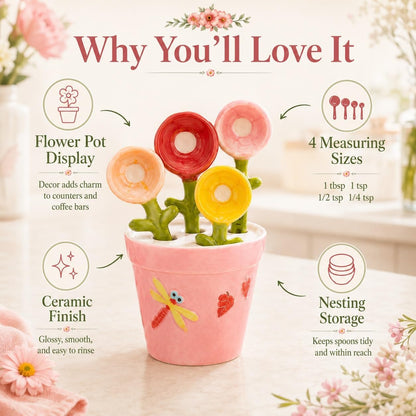 Flower Pot Ceramic Measuring Spoon Set, 5PCS Cute Spoons Cups with Base, Polygons Pink Decorative Teaspoon in Pot Holder, Unique Baking Supplies Gifts, Kitchen Cooking Stuff Gadgets Women(1*Pink)