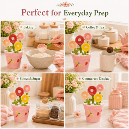 Flower Pot Ceramic Measuring Spoon Set, 5PCS Cute Spoons Cups with Base, Polygons Pink Decorative Teaspoon in Pot Holder, Unique Baking Supplies Gifts, Kitchen Cooking Stuff Gadgets Women(1*Pink)