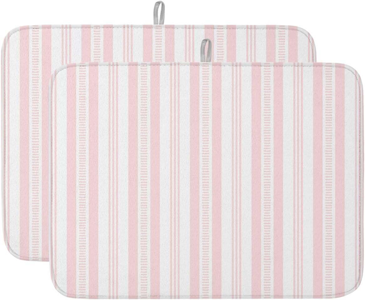Pink Striped Dish Drying Mat 2 Pack, Modern Farmhouse Stripes Rustic Geometric Absorbent Heat Insulating Kitchen Drying Pad Drainer Mats for Sink Counter Pot Dishes 18 X 24 Inch