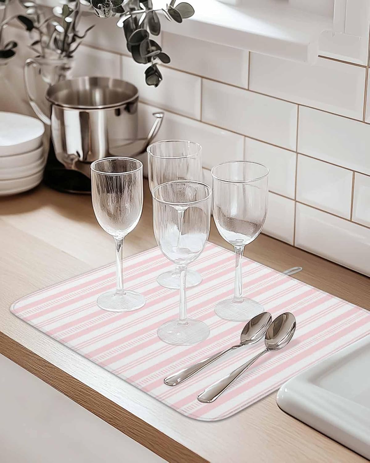 Pink Striped Dish Drying Mat 2 Pack, Modern Farmhouse Stripes Rustic Geometric Absorbent Heat Insulating Kitchen Drying Pad Drainer Mats for Sink Counter Pot Dishes 18 X 24 Inch