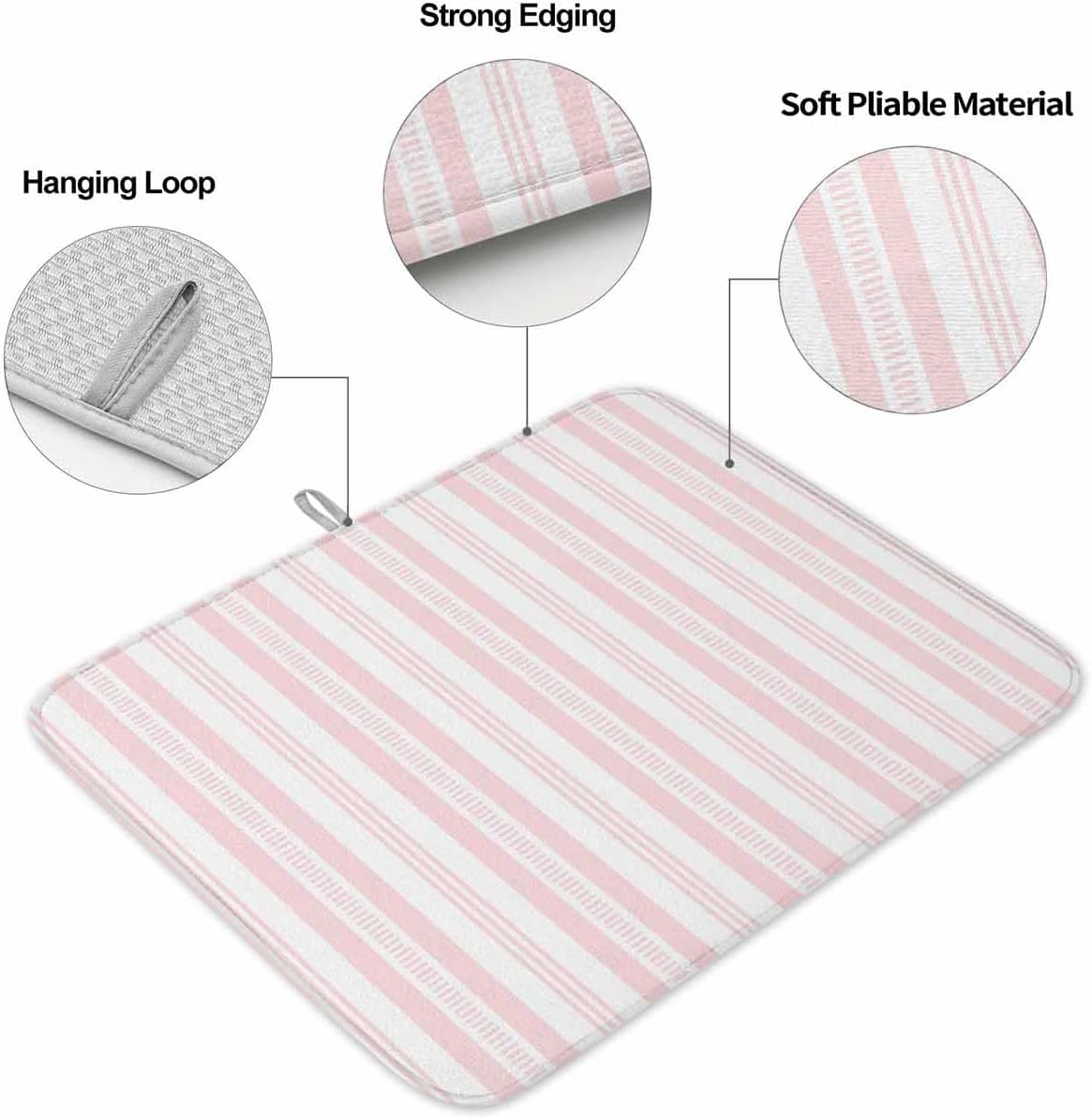 Pink Striped Dish Drying Mat 2 Pack, Modern Farmhouse Stripes Rustic Geometric Absorbent Heat Insulating Kitchen Drying Pad Drainer Mats for Sink Counter Pot Dishes 18 X 24 Inch