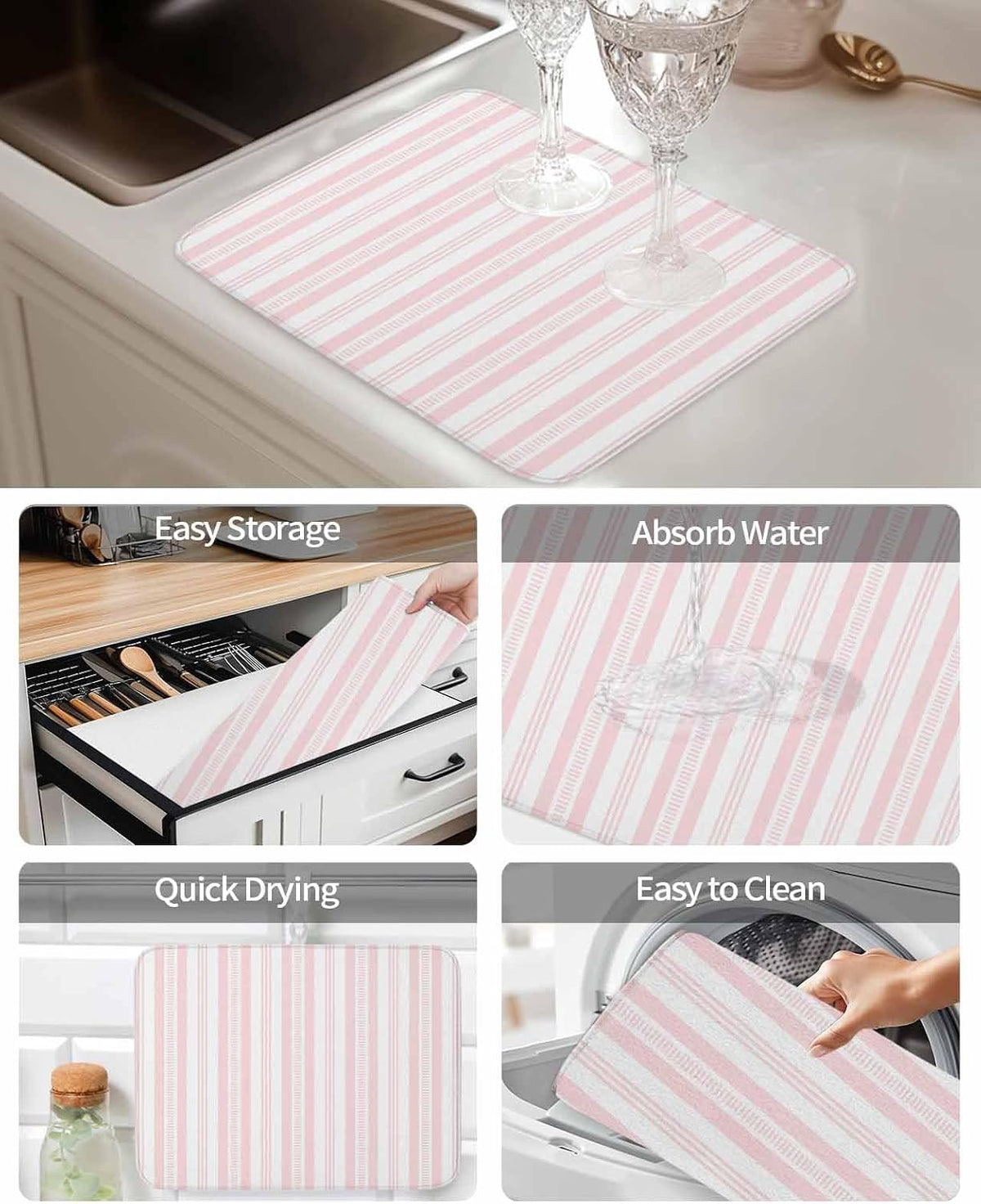 Pink Striped Dish Drying Mat 2 Pack, Modern Farmhouse Stripes Rustic Geometric Absorbent Heat Insulating Kitchen Drying Pad Drainer Mats for Sink Counter Pot Dishes 18 X 24 Inch