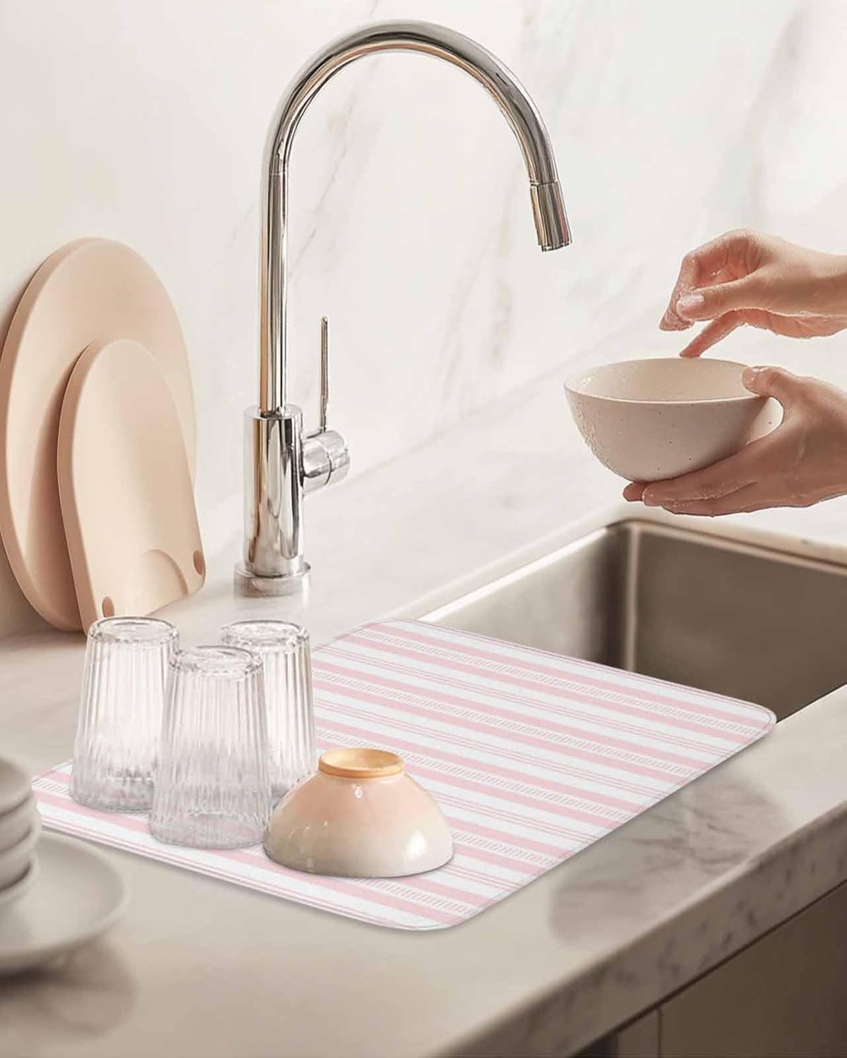 Pink Striped Dish Drying Mat 2 Pack, Modern Farmhouse Stripes Rustic Geometric Absorbent Heat Insulating Kitchen Drying Pad Drainer Mats for Sink Counter Pot Dishes 18 X 24 Inch