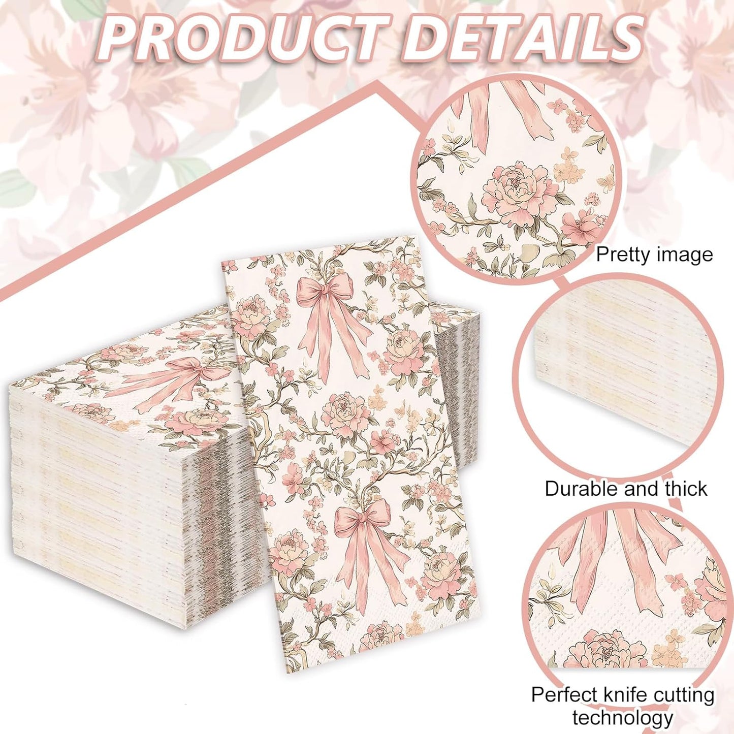 JarThenaAMCS 100Pcs Pink Bow Floral Guest Napkins Coquette Bows Flower Disposable Hand Towels Retro Paper Napkins for Birthday Wedding Tea Party Bathroom Kitchen