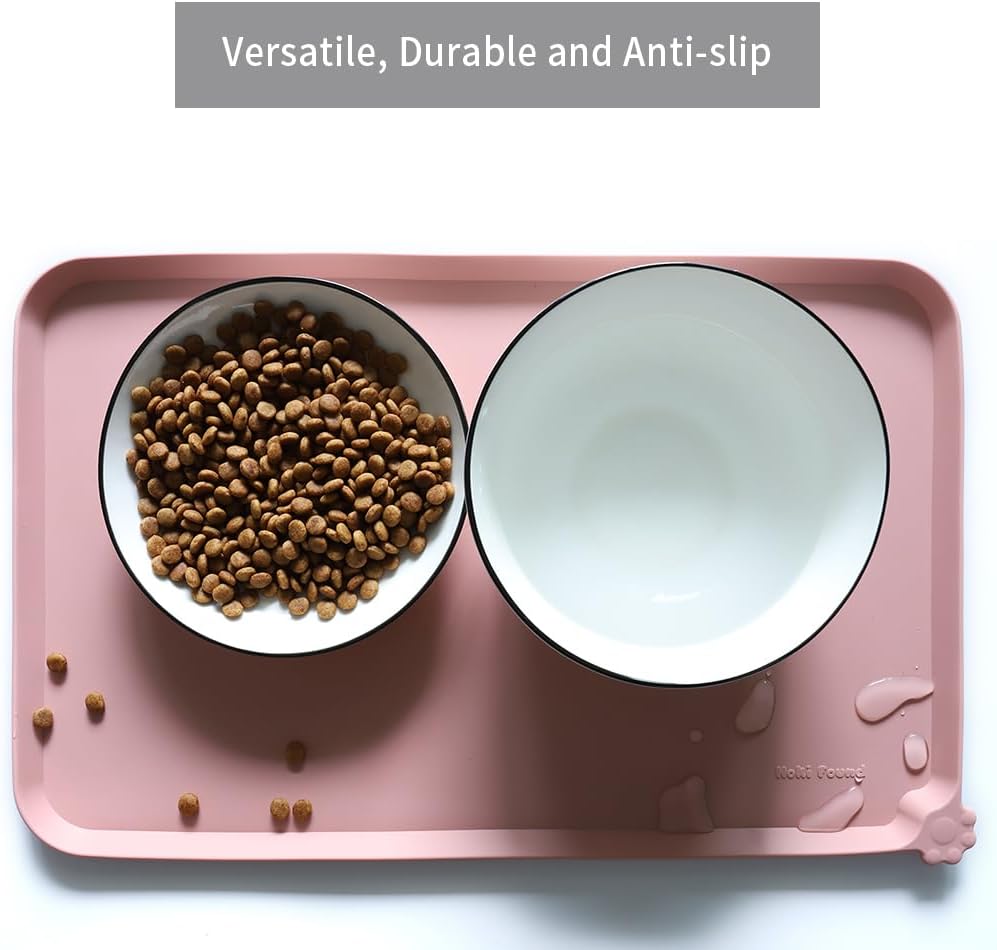 Silicone Pet Food Tray - High-Lips Dog Cat Bowl Mats - Waterproof Dog Cat Food Mats - Neutral Pink