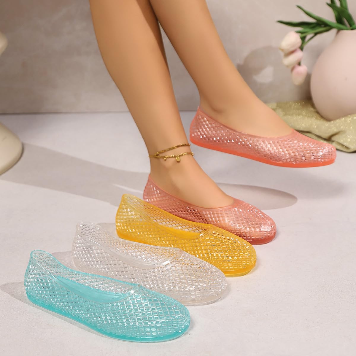 Jelly Mesh Ballet Flats Clear Jelly Sandals for Women Slip on Beach Water Shoes Barefoot Cute Kawaii Alternative Fashion for Girls Office Cruise Festivals Holiday Vacation Gifts Summer Wedding Guests