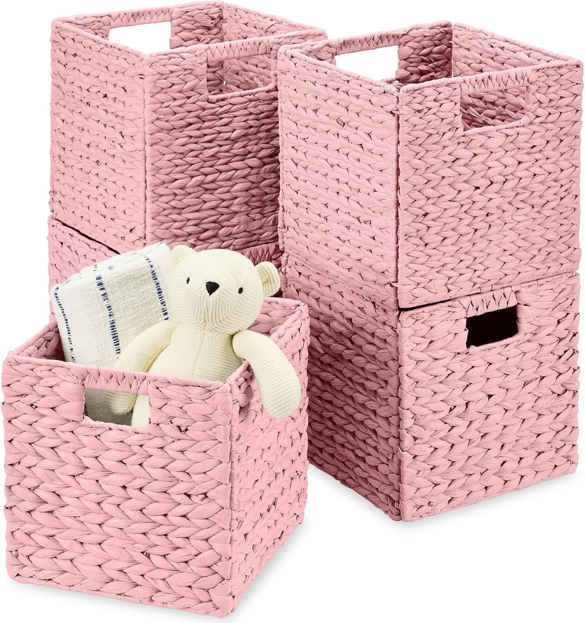 10.5x10.5in Pack of 5 Cube Storage Baskets, Water Hyacinth Multipurpose Collapsible Organizers, Handwoven Toy Storage Totes for Kids Room, Nursery & Living Room - Pink