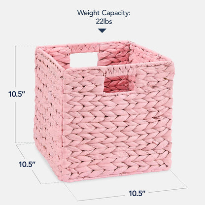 10.5x10.5in Pack of 5 Cube Storage Baskets, Water Hyacinth Multipurpose Collapsible Organizers, Handwoven Toy Storage Totes for Kids Room, Nursery & Living Room - Pink