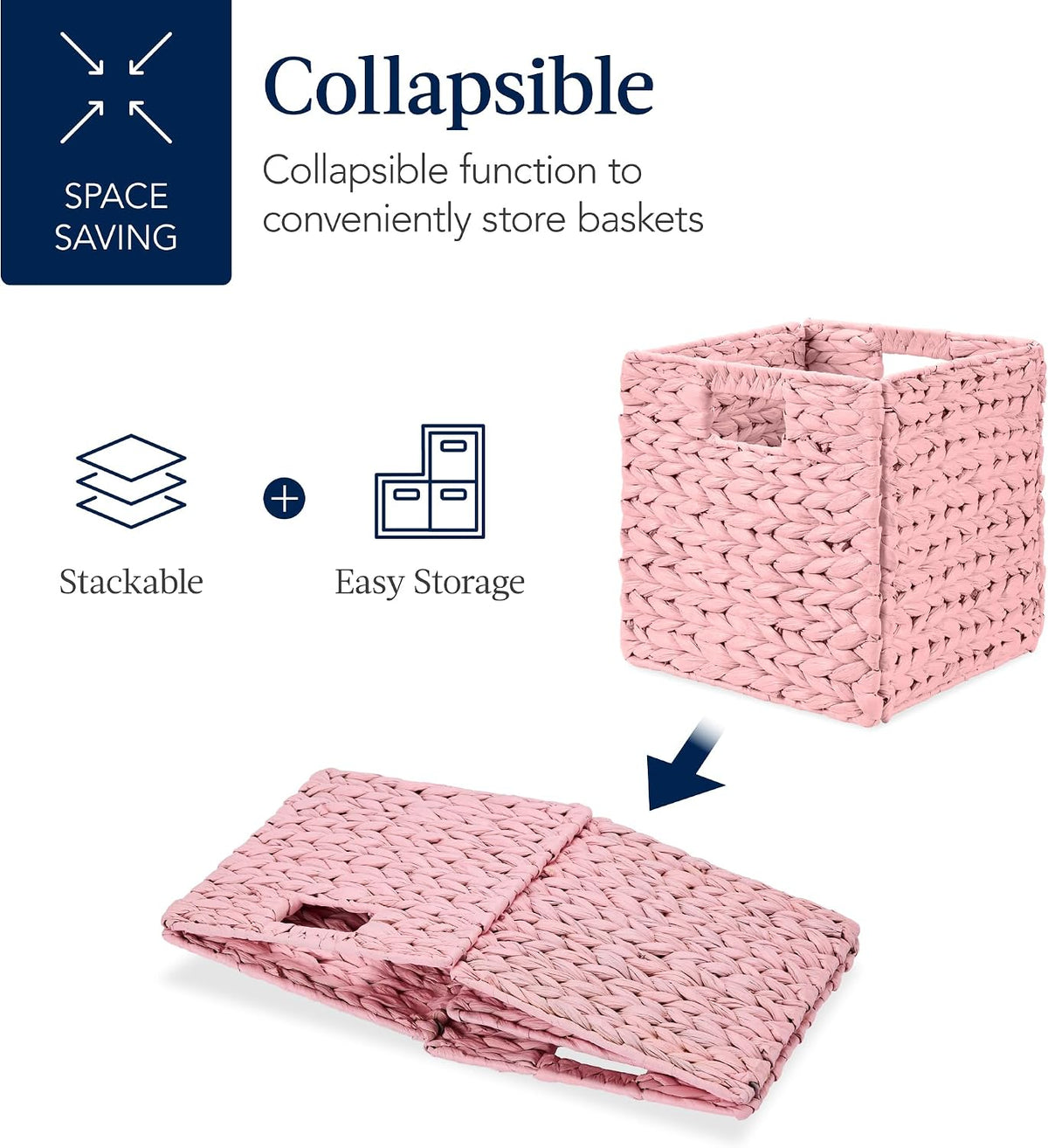 10.5x10.5in Pack of 5 Cube Storage Baskets, Water Hyacinth Multipurpose Collapsible Organizers, Handwoven Toy Storage Totes for Kids Room, Nursery & Living Room - Pink