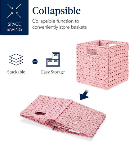 10.5x10.5in Pack of 5 Cube Storage Baskets, Water Hyacinth Multipurpose Collapsible Organizers, Handwoven Toy Storage Totes for Kids Room, Nursery & Living Room - Pink
