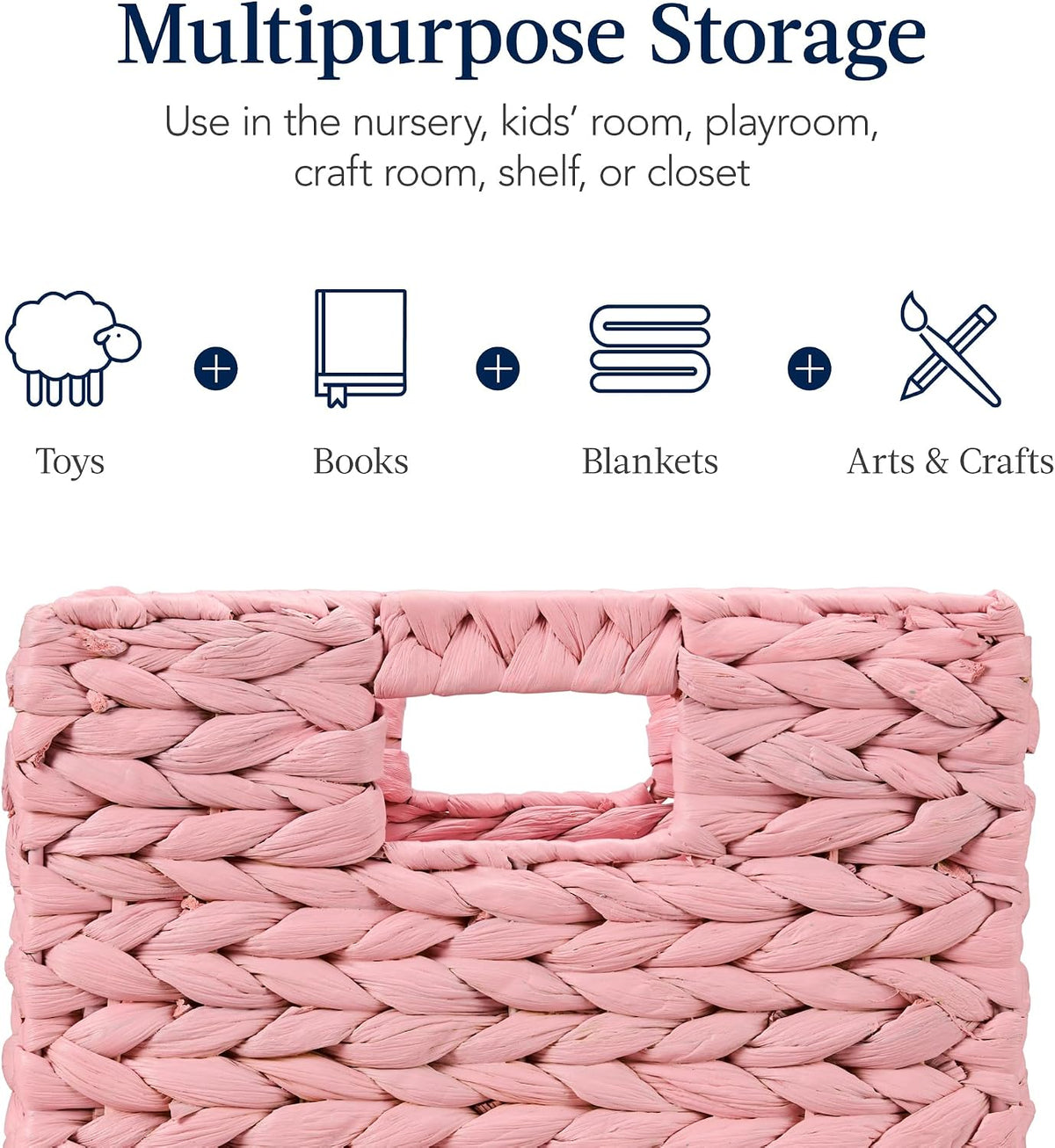 10.5x10.5in Pack of 5 Cube Storage Baskets, Water Hyacinth Multipurpose Collapsible Organizers, Handwoven Toy Storage Totes for Kids Room, Nursery & Living Room - Pink
