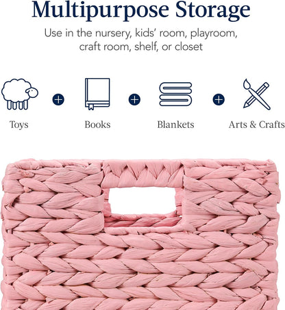 10.5x10.5in Pack of 5 Cube Storage Baskets, Water Hyacinth Multipurpose Collapsible Organizers, Handwoven Toy Storage Totes for Kids Room, Nursery & Living Room - Pink