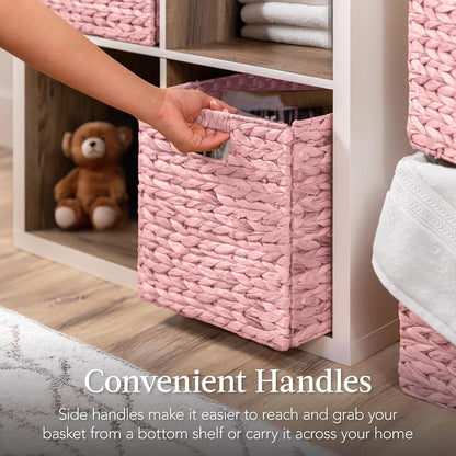 10.5x10.5in Pack of 5 Cube Storage Baskets, Water Hyacinth Multipurpose Collapsible Organizers, Handwoven Toy Storage Totes for Kids Room, Nursery & Living Room - Pink