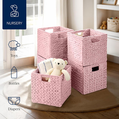 10.5x10.5in Pack of 5 Cube Storage Baskets, Water Hyacinth Multipurpose Collapsible Organizers, Handwoven Toy Storage Totes for Kids Room, Nursery & Living Room - Pink