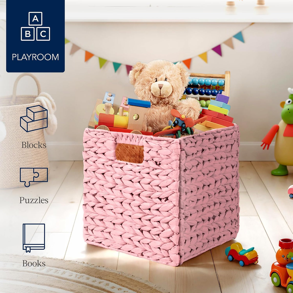 10.5x10.5in Pack of 5 Cube Storage Baskets, Water Hyacinth Multipurpose Collapsible Organizers, Handwoven Toy Storage Totes for Kids Room, Nursery & Living Room - Pink