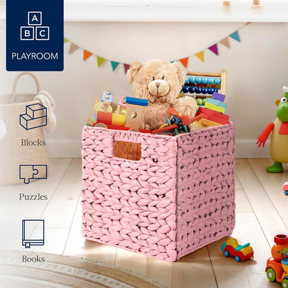 10.5x10.5in Pack of 5 Cube Storage Baskets, Water Hyacinth Multipurpose Collapsible Organizers, Handwoven Toy Storage Totes for Kids Room, Nursery & Living Room - Pink
