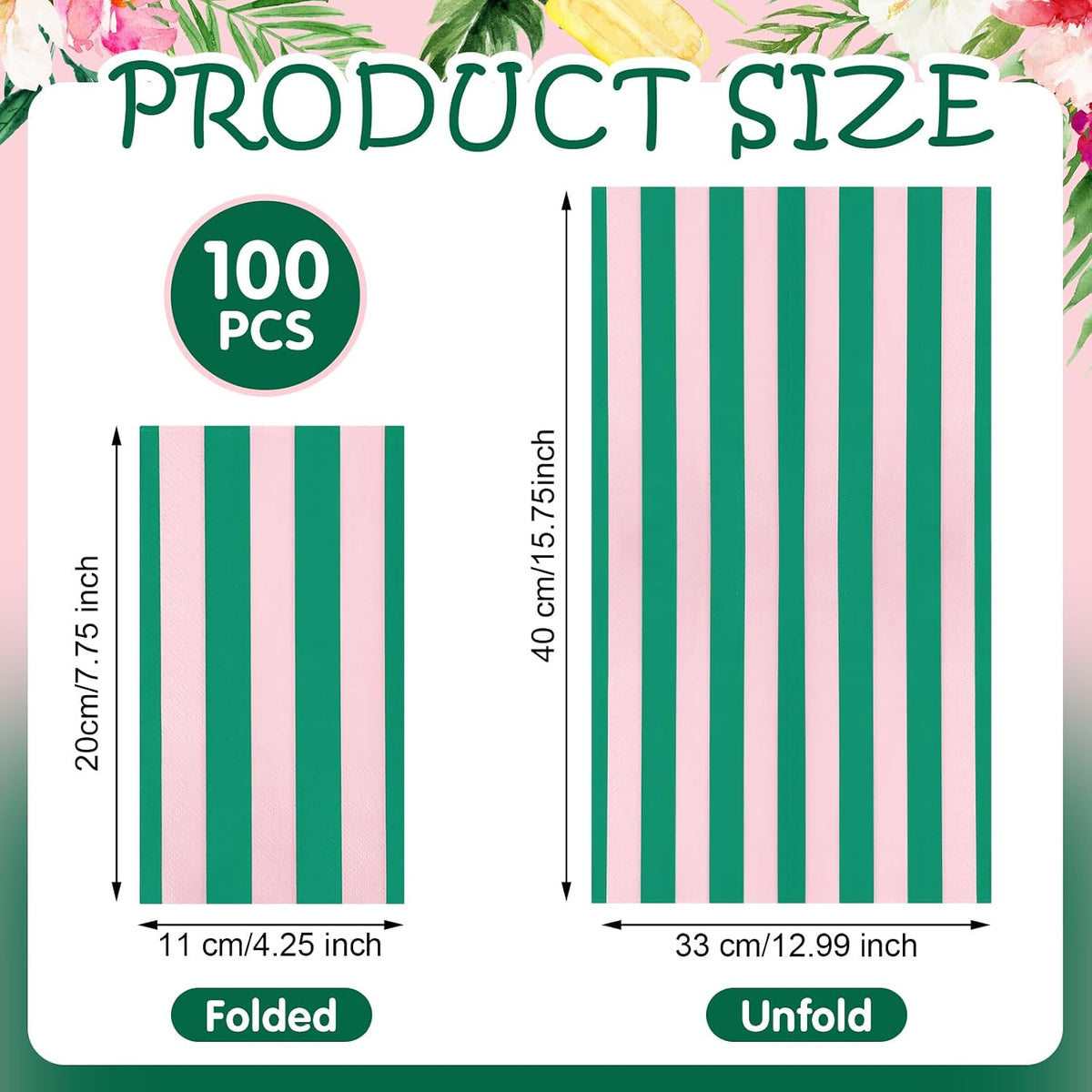 100 Pcs Palm Beach Napkins,Pink and Green,4.25 X 7.75 Inch