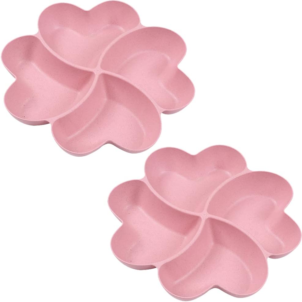 Divided Serving Tray, Appetizer Sectioned Platter, Dessert Serving Dish, Reusable Plastic Snack Plates, Round Relish Tray, 4 Compartment for Chips and Dip Veggies Candy Nut Fruit (Pink)