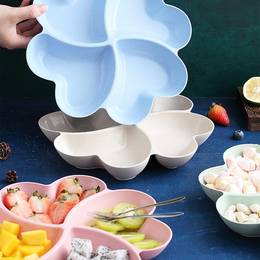 Divided Serving Tray, Appetizer Sectioned Platter, Dessert Serving Dish, Reusable Plastic Snack Plates, Round Relish Tray, 4 Compartment for Chips and Dip Veggies Candy Nut Fruit (Pink)