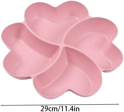 Divided Serving Tray, Appetizer Sectioned Platter, Dessert Serving Dish, Reusable Plastic Snack Plates, Round Relish Tray, 4 Compartment for Chips and Dip Veggies Candy Nut Fruit (Pink)