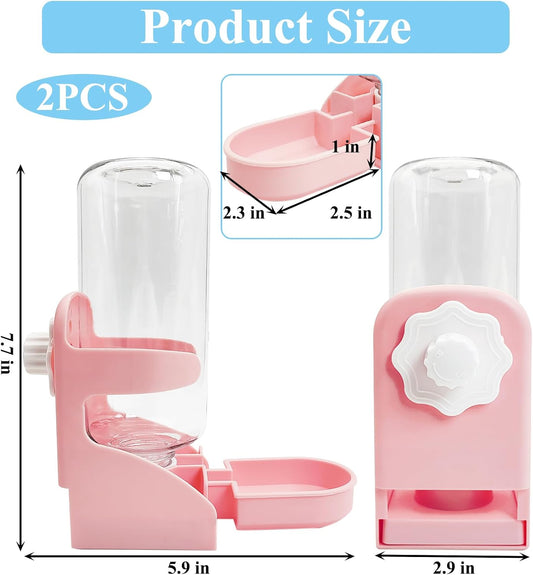 kathson 2 PCS Rabbit Water Dispenser for Cage 17 Oz Hanging Guinea Pig Water Bottle No Drip Gravity Automatic Bunny Water Bottle No Leak Small Animal Water Bottle for Chinchilla Ferret Hamster（Pink）