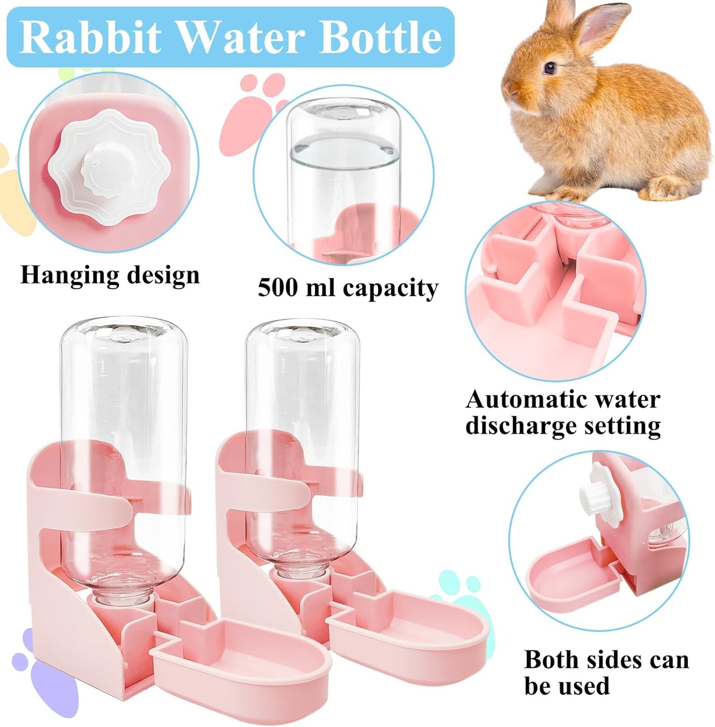 kathson 2 PCS Rabbit Water Dispenser for Cage 17 Oz Hanging Guinea Pig Water Bottle No Drip Gravity Automatic Bunny Water Bottle No Leak Small Animal Water Bottle for Chinchilla Ferret Hamster（Pink）