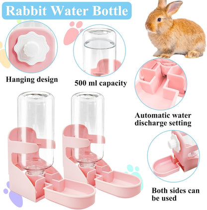 kathson 2 PCS Rabbit Water Dispenser for Cage 17 Oz Hanging Guinea Pig Water Bottle No Drip Gravity Automatic Bunny Water Bottle No Leak Small Animal Water Bottle for Chinchilla Ferret Hamster（Pink）