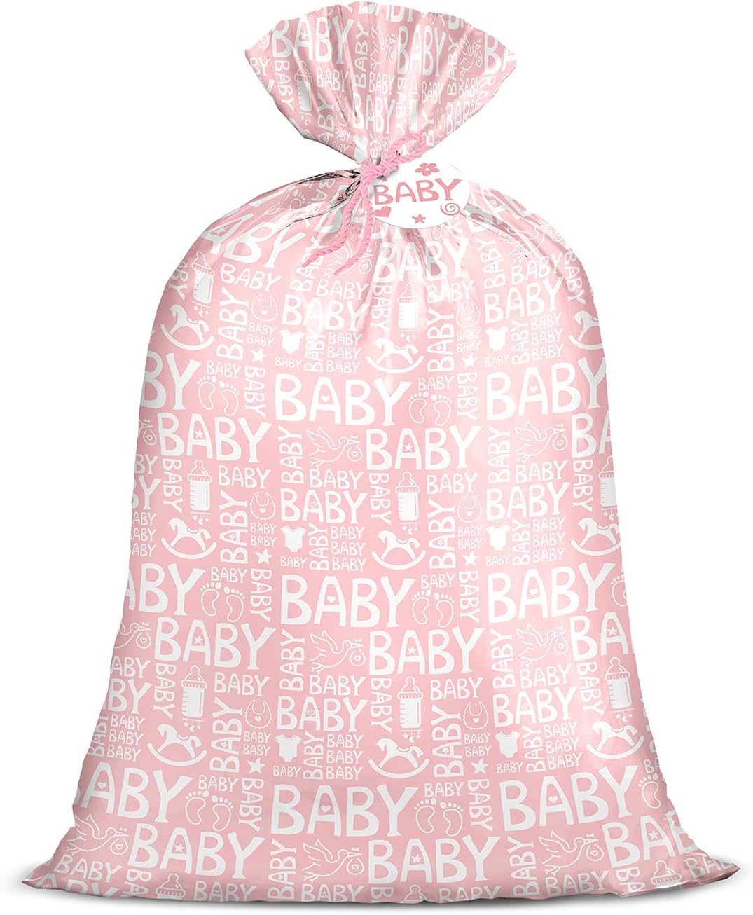 Pink Jumbo Large Plastic Gift Bag, Baby Girl Design Plastic Bag with Tag and Tie for Birthday, Baby Shower and Holiday, 56" x 36", 1 Pcs