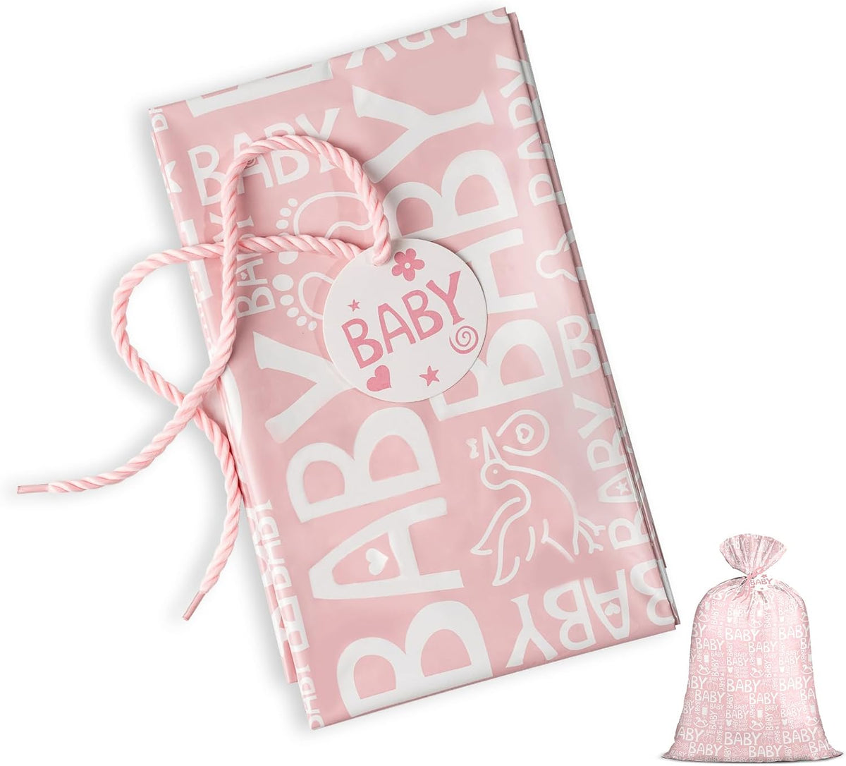 Pink Jumbo Large Plastic Gift Bag, Baby Girl Design Plastic Bag with Tag and Tie for Birthday, Baby Shower and Holiday, 56" x 36", 1 Pcs