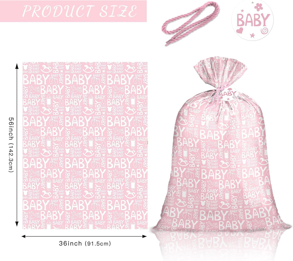 Pink Jumbo Large Plastic Gift Bag, Baby Girl Design Plastic Bag with Tag and Tie for Birthday, Baby Shower and Holiday, 56" x 36", 1 Pcs