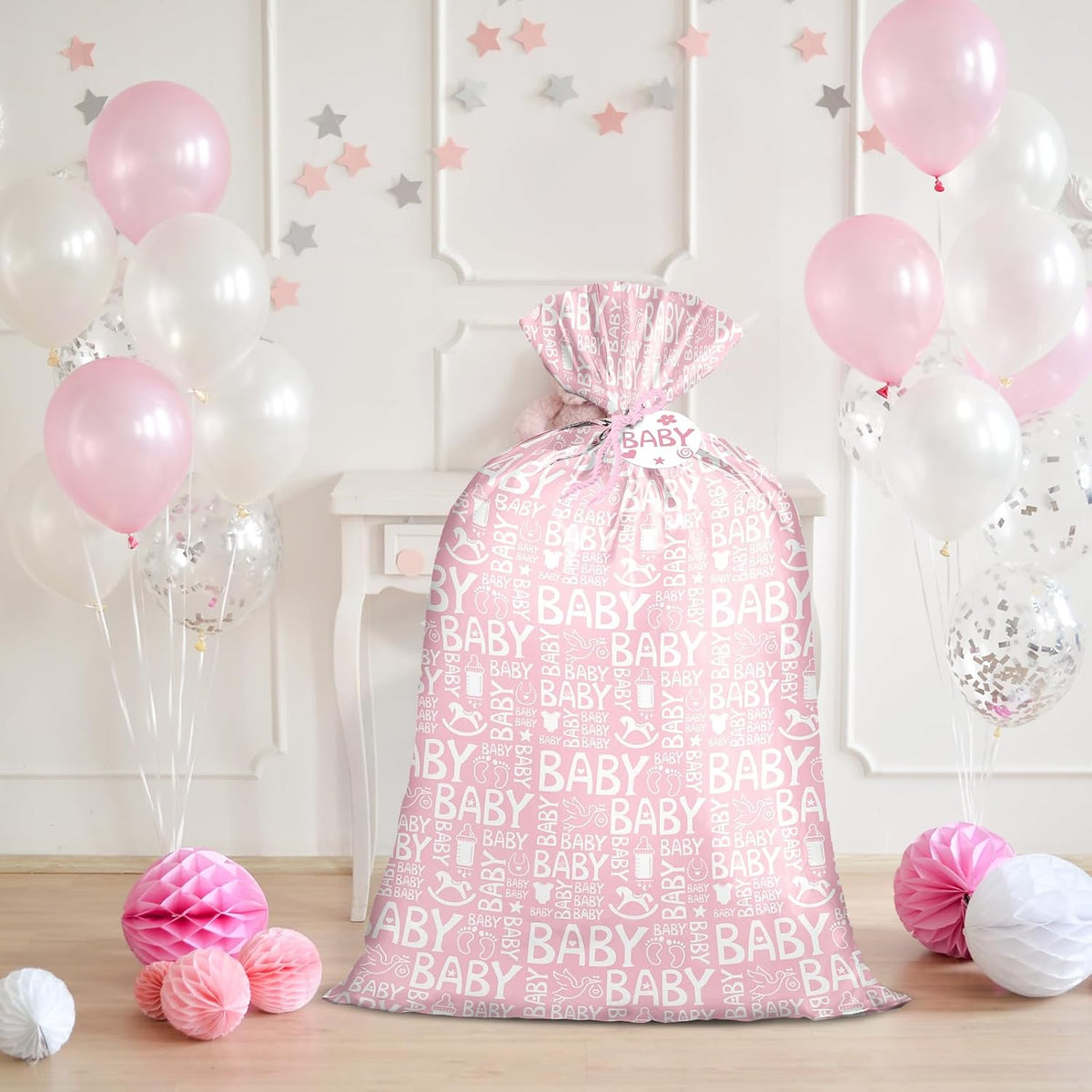 Pink Jumbo Large Plastic Gift Bag, Baby Girl Design Plastic Bag with Tag and Tie for Birthday, Baby Shower and Holiday, 56" x 36", 1 Pcs