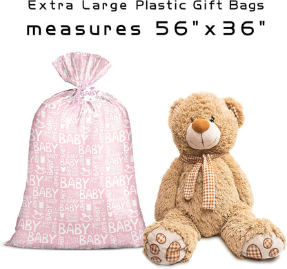 Pink Jumbo Large Plastic Gift Bag, Baby Girl Design Plastic Bag with Tag and Tie for Birthday, Baby Shower and Holiday, 56" x 36", 1 Pcs