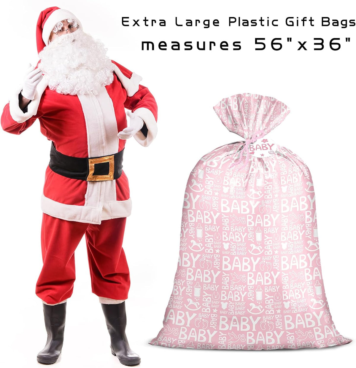 Pink Jumbo Large Plastic Gift Bag, Baby Girl Design Plastic Bag with Tag and Tie for Birthday, Baby Shower and Holiday, 56" x 36", 1 Pcs
