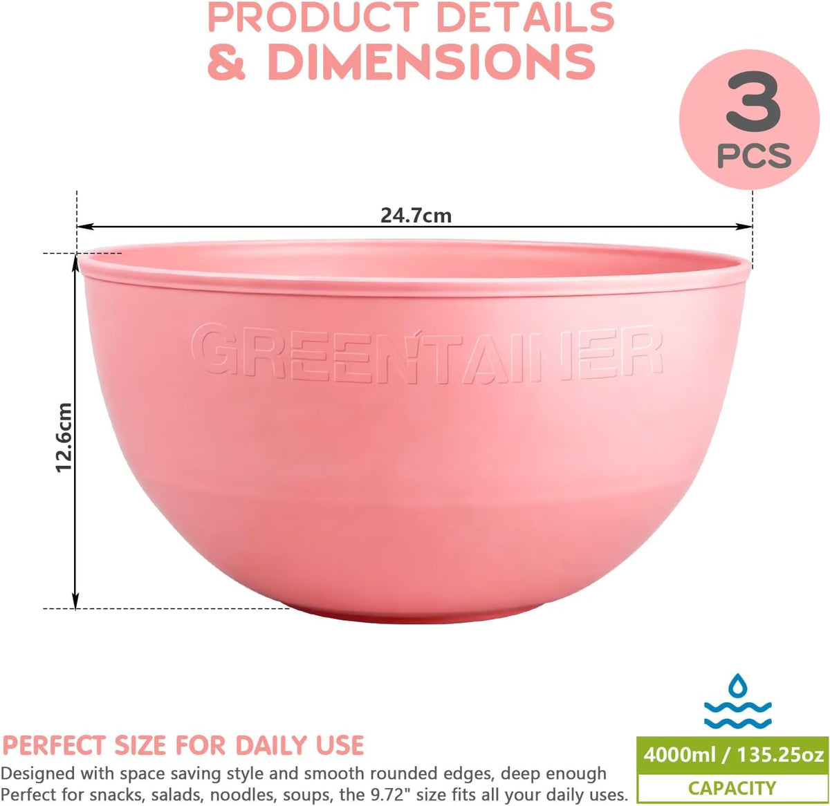 3 Pack Large Plastic Bowls, 135oz Plastic Salad Bowls - Reusable Serving Bowls for Party, Picnic, Entertaining, Kitchen & Outdoor, Microwave & Dishwasher Safe (Pink)