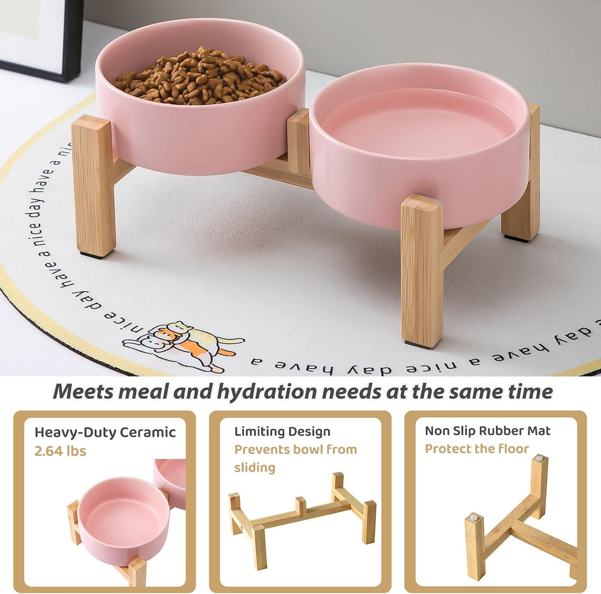 Elevated Ceramic Dog Bowl Set - Raised Dog Bowls with Non Slip Bamboo Stand, Food and Water Bowl Set for Kitty, Cats and Toy Breed Dogs, Pet Bowls, Weighted Dogs Dishes (5.1'', 2*16OZ, Pink)