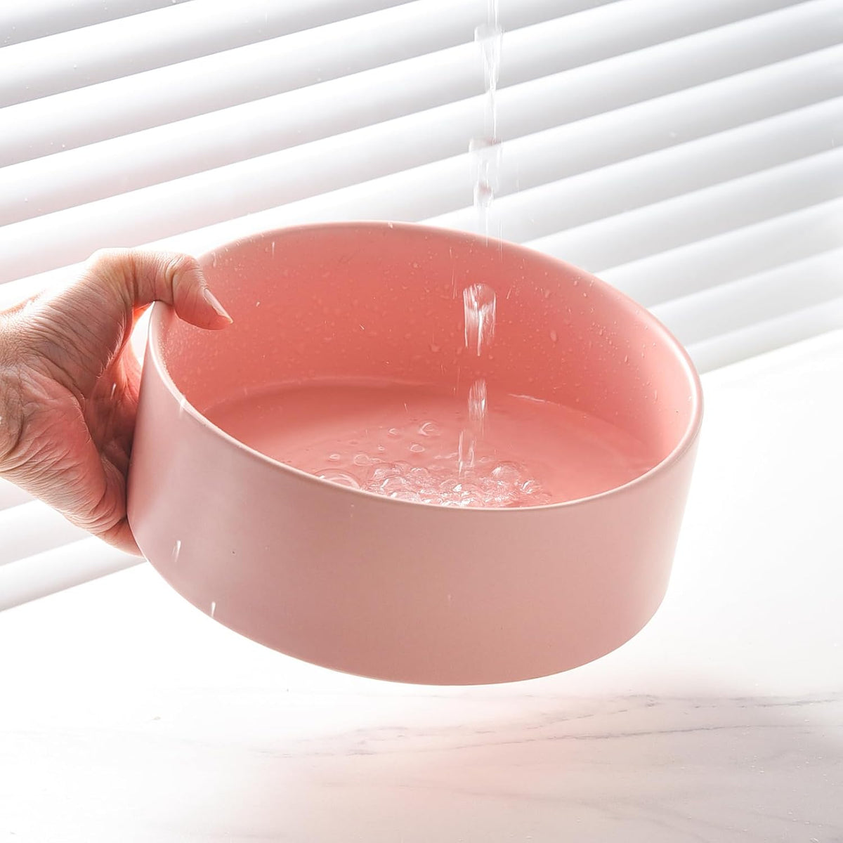 Elevated Ceramic Dog Bowl Set - Raised Dog Bowls with Non Slip Bamboo Stand, Food and Water Bowl Set for Kitty, Cats and Toy Breed Dogs, Pet Bowls, Weighted Dogs Dishes (5.1'', 2*16OZ, Pink)